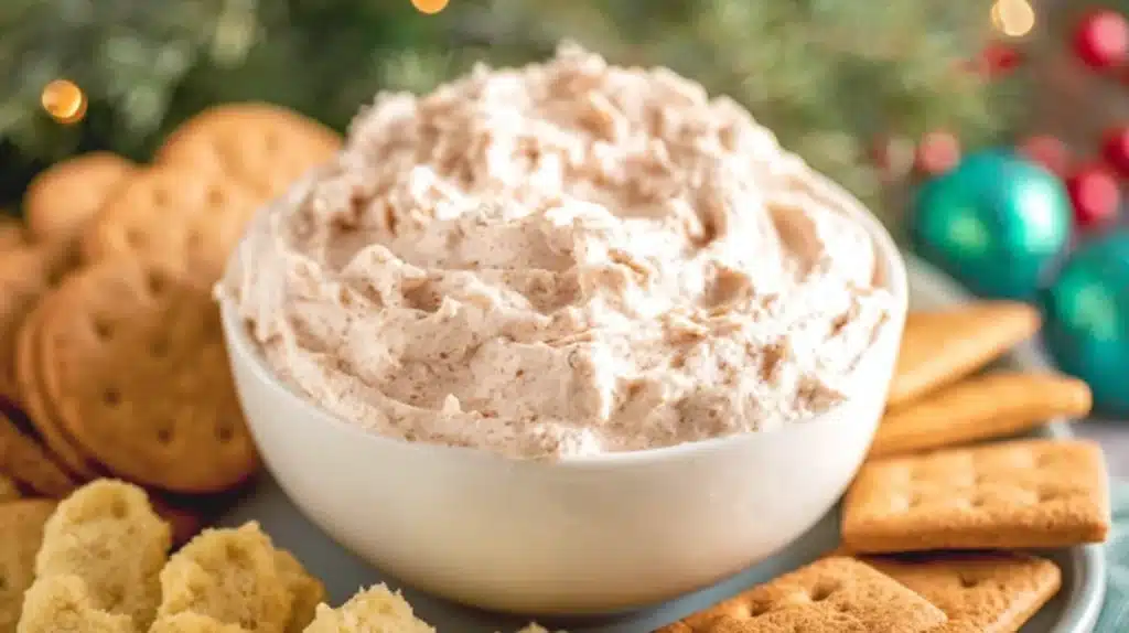 Creamy cinnamon roll dip served in a bowl with cookies and crackers for dipping.
