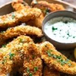 Golden, crispy baked chicken tenders served with a fresh herb dip — the perfect easy meal.