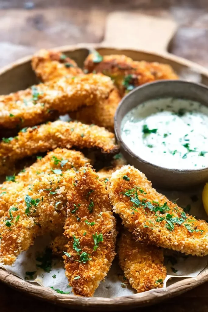 Crispy Homemade Baked Chicken Tenders That Taste Better Than Takeout 7 Golden, crispy baked chicken tenders served with a fresh herb dip — the perfect easy meal.