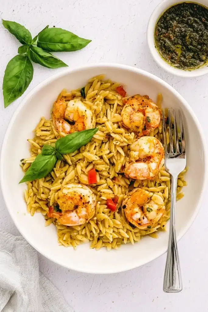 Plate of lemon pepper shrimp orzo garnished with fresh basil and served on a white background.