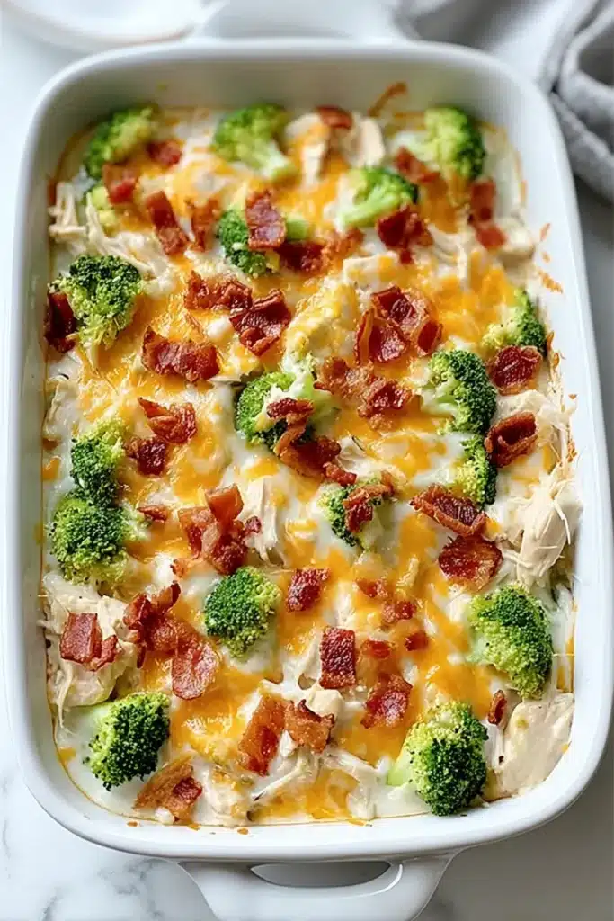 Low Carb Chicken Casserole A High Protein Keto Friendly Dinner Idea 7 Low carb chicken casserole in a white baking dish topped with broccoli, melted cheddar cheese, and crispy bacon.