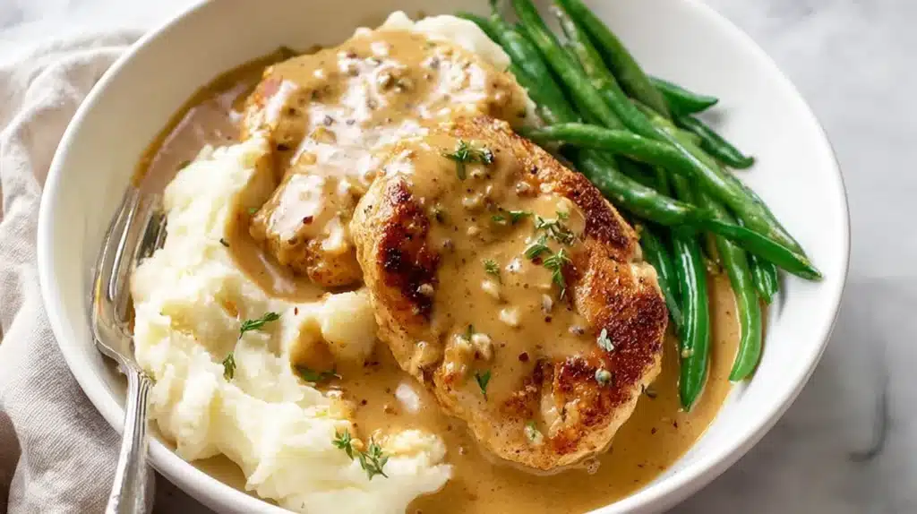 Creamy garlic chicken served with mashed potatoes and green beans in a white bowl topped with rich garlic cream sauce.