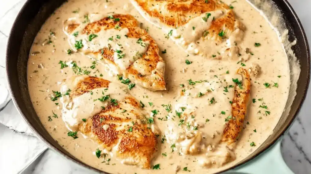 Cream Cheese Chicken A Rich and Comforting Skillet Dinner Ready Anytime 5 Juicy seared chicken breasts coated in a rich cream cheese sauce for the perfect quick and comforting one-pan dinner.