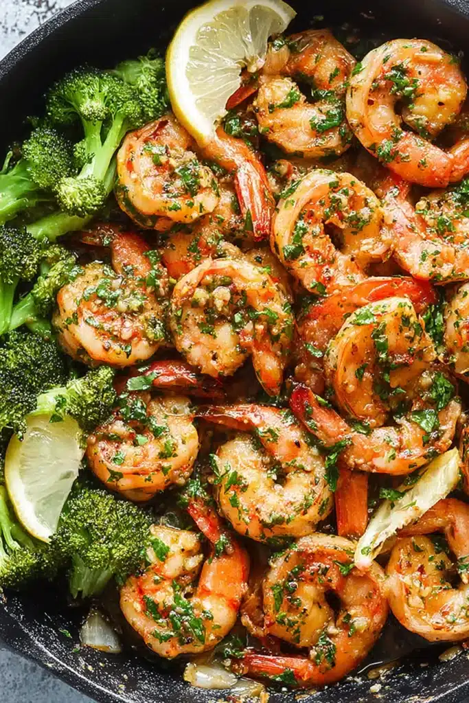 Juicy garlic butter shrimp tossed with fresh broccoli and herbs for a simple, flavorful low carb skillet dinner.