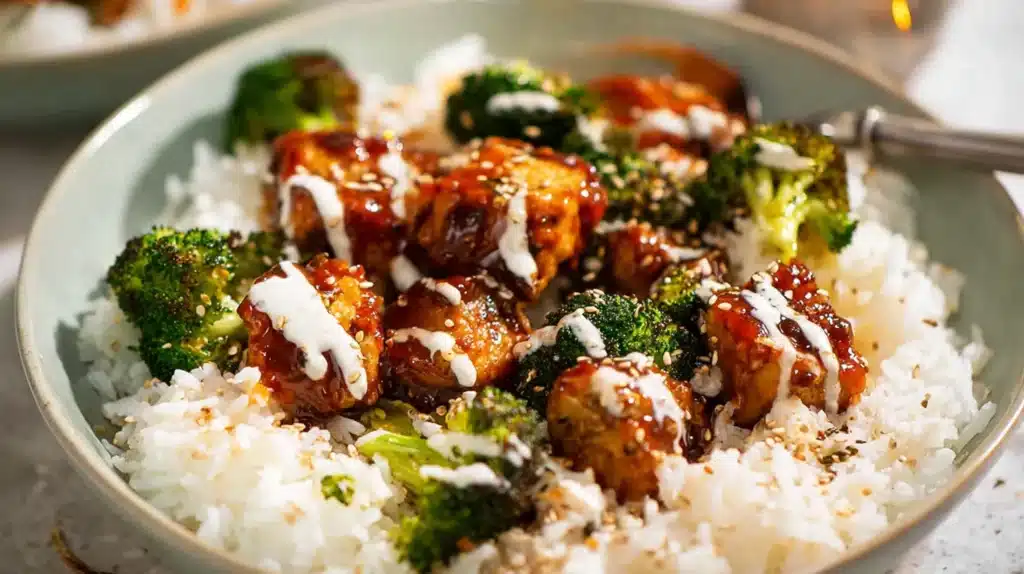 Sticky Chicken Rice Bowl A Quick Healthy Dinner Everyone Craves 5 A hearty bowl filled with sticky glazed chicken, tender broccoli, and fluffy rice topped with a creamy sesame drizzle.