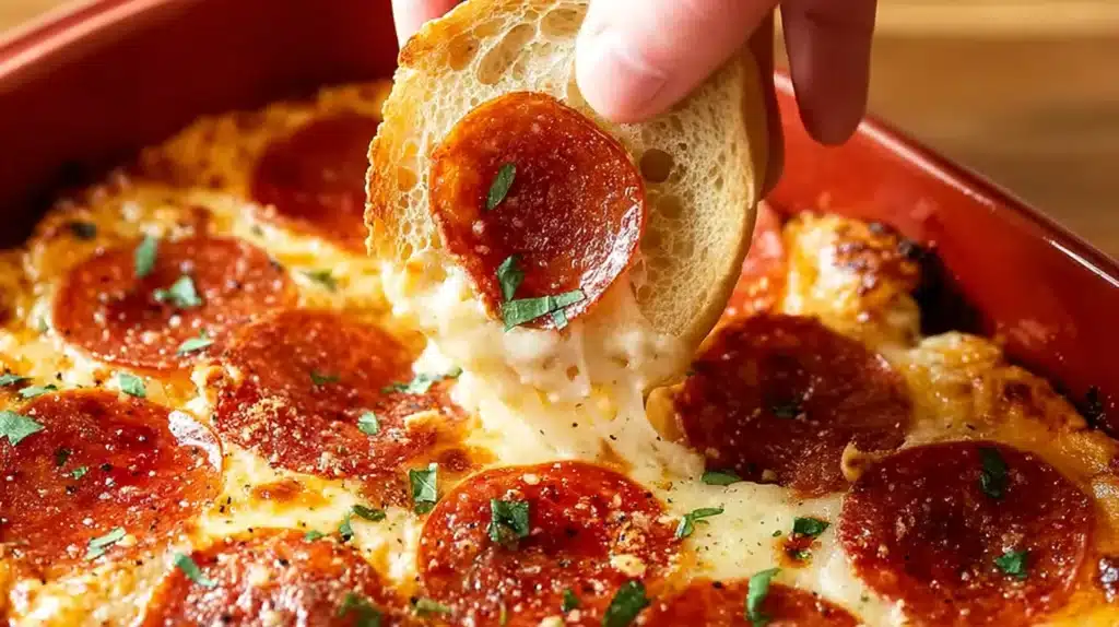 Pizza Dip The Melty, Cheesy Party Appetizer Everyone Devours Fast 7 Hand dipping a toasted bread slice into hot, cheesy pepperoni pizza dip with melted mozzarella.