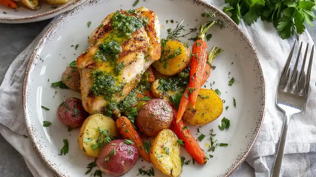 Plate of herb roasted chicken served with roasted baby potatoes, carrots, and fresh spring herbs.
