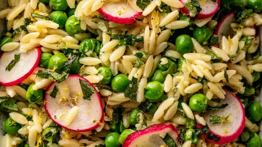 Close-up of a fresh spring orzo salad with peas, radishes, and herbs tossed in a light vinaigrette.