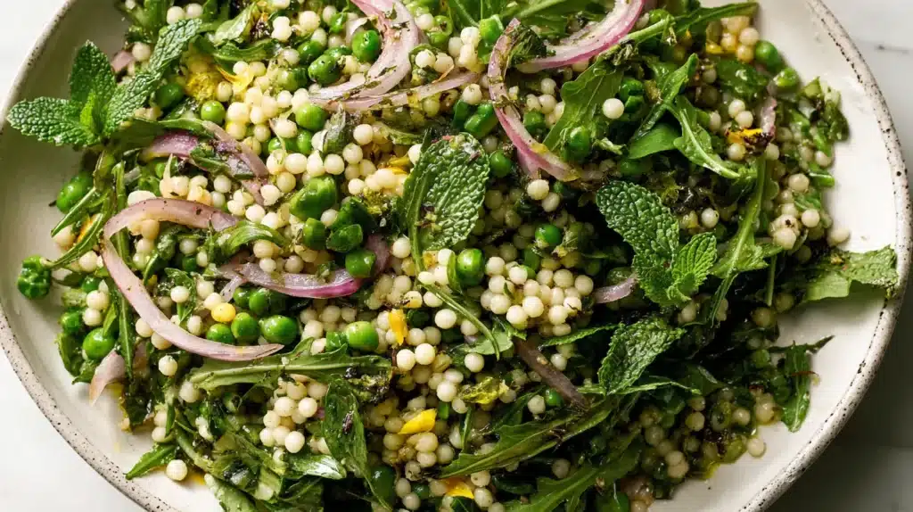 Close-up of spring couscous salad with pearl couscous, peas, arugula, mint, red onions, and pistachios tossed in lemon-herb dressing.