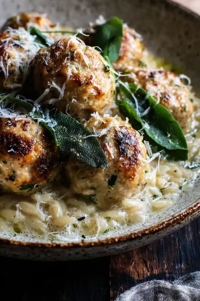 Baked Sage Chicken Meatballs That Bring Cozy Comfort to Fresh Spring Dinners 7 Close-up of baked sage chicken meatballs on creamy Parmesan orzo with crispy sage and grated cheese.