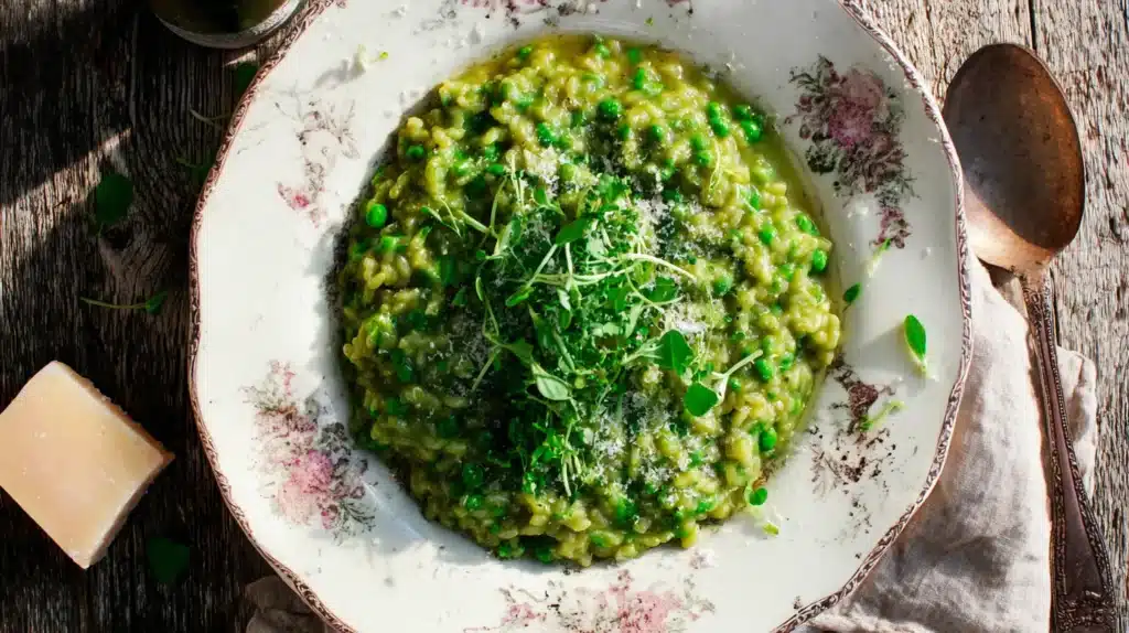 Creamy spring pea risotto topped with pea shoots, chives, Parmesan, and black pepper on a vintage plate.