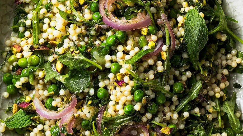 Spring couscous salad with pearl couscous, peas, arugula, mint, and red onions in a white bowl.
