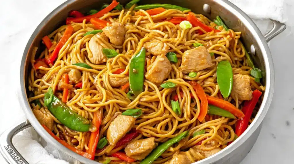 A delicious bowl of chicken lo mein loaded with tender chicken, fresh veggies, and perfectly sauced noodles.