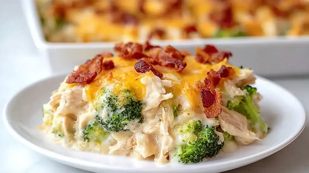 Low Carb Chicken Casserole A High Protein Keto Friendly Dinner Idea 5 Slice of low carb chicken casserole with broccoli, melted cheddar cheese, and crispy bacon on a white plate.