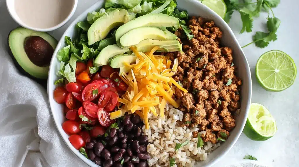 A bright and colorful taco rice bowl loaded with seasoned turkey, creamy avocado, fresh veggies, and vibrant toppings.