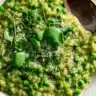 Close-up of creamy green spring pea risotto topped with pea shoots, chives, Parmesan, and black pepper on a vintage plate.