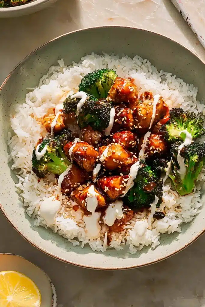 Sticky Chicken Rice Bowl A Quick Healthy Dinner Everyone Craves 7 Bowl of sticky glazed chicken and broccoli served over fluffy white rice with sesame seeds and creamy drizzle.