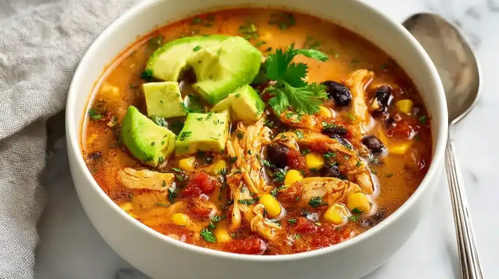 Chicken Taco Soup Recipe Made Simple for Busy Weeknights 7 A hearty bowl of chicken taco soup loaded with tender chicken, beans, corn, tomatoes, and creamy taco spices, finished with fresh avocado.
