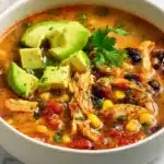 A hearty bowl of chicken taco soup loaded with tender chicken, beans, corn, tomatoes, and creamy taco spices, finished with fresh avocado.