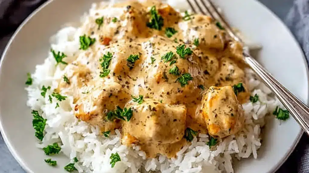 Creamy smothered chicken served over white rice and topped with fresh parsley.