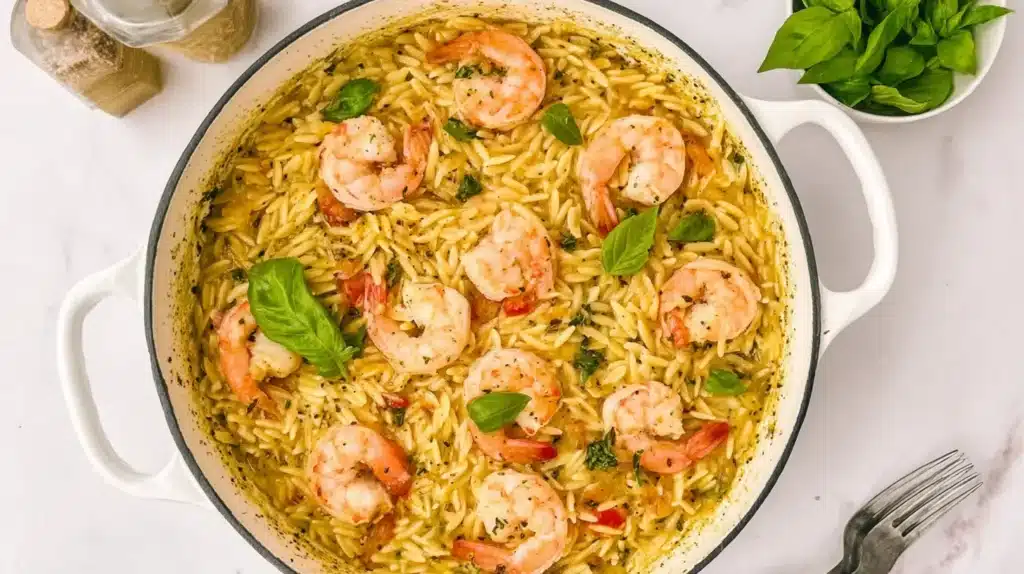 One-pan lemon pepper shrimp orzo in a white skillet, garnished with fresh basil.