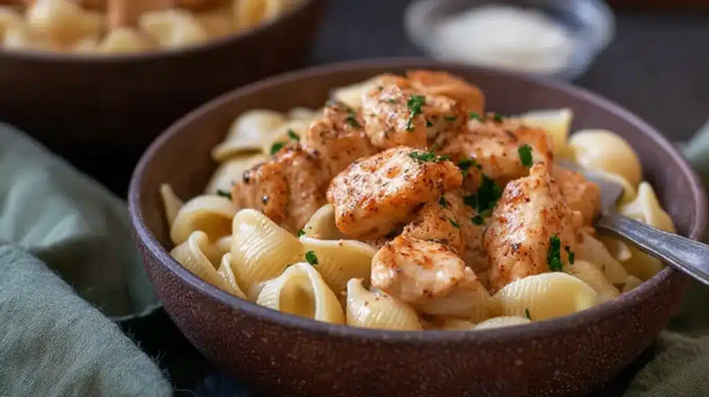 Chicken with Buttered Noodles A Simple and Comforting Dinner You Will Crave 7 Bowl of buttery shell noodles topped with seasoned sautéed chicken pieces.