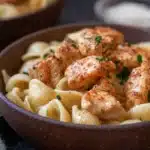 Bowl of buttery shell noodles topped with seasoned sautéed chicken pieces.