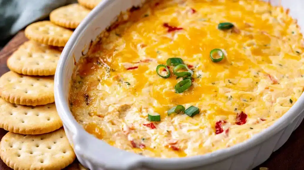 Hot pimento cheese dip in a white baking dish, topped with melted cheddar and green onions, served with round crackers.