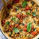 A hearty orzo dinner tossed with roasted tomatoes, spinach, chickpeas, and fresh basil for a simple but flavor-packed weeknight meal.