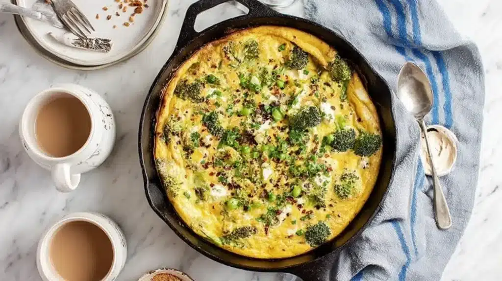Easy Frittata Recipe That Turns Simple Ingredients Into a Meal Everyone Loves 7 Overhead view of a golden vegetable frittata in a cast-iron skillet surrounded by coffee cups, plates, and a blue striped towel.
