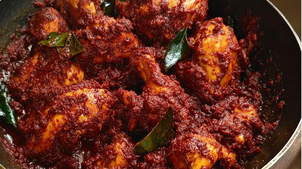 Close-up of authentic Chicken Ghee Roast with deep red roasted masala coating tender chicken pieces and curry leaves.