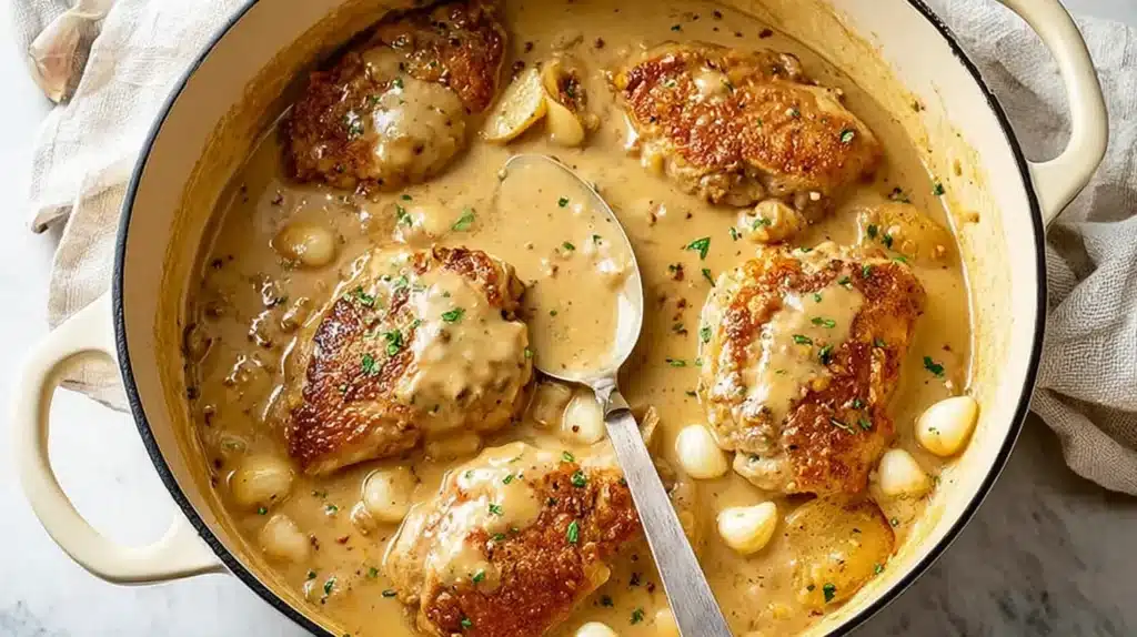 Creamy Garlic Chicken A Comforting Dinner That Always Impresses 7 Creamy garlic chicken simmering in a Dutch oven with golden seared chicken breasts and whole garlic cloves in a rich sauce.
