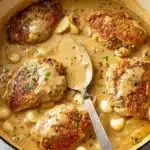 Creamy garlic chicken simmering in a Dutch oven with golden seared chicken breasts and whole garlic cloves in a rich sauce.