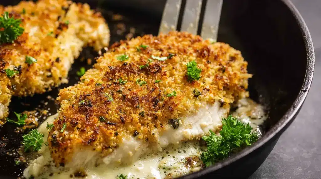 Parmesan-crusted chicken breast with a golden, crispy topping in a cast iron skillet.