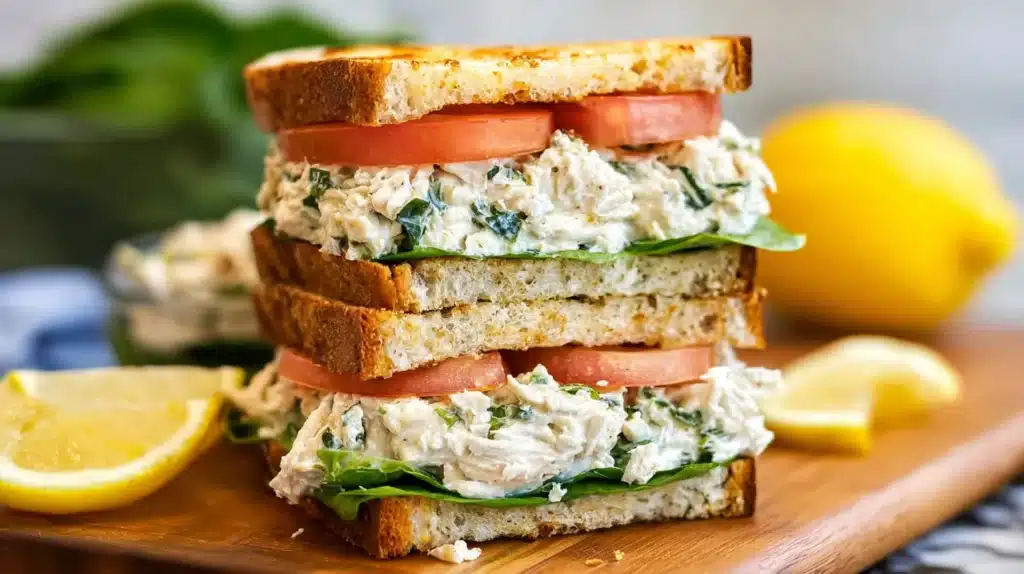 Lemon basil chicken salad sandwich stacked with creamy chicken filling, fresh basil, and tomato slices on toasted bread.