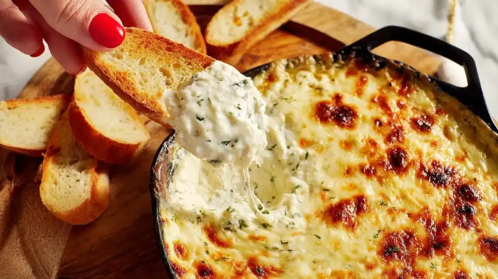 Hand dipping a toasted baguette slice into creamy baked garlic bread dip with a golden bubbly cheese top.