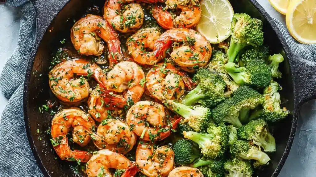 A vibrant low carb shrimp and broccoli skillet tossed in a rich garlic butter sauce for a quick, flavorful weeknight meal.