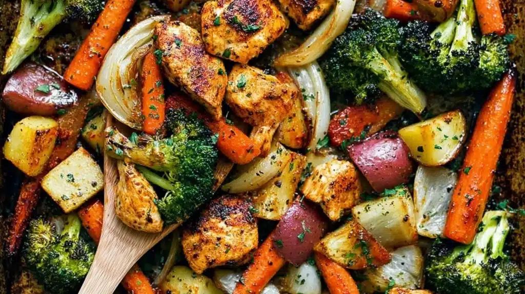 Healthy Sheet Pan Chicken and Roasted Veggies A Simple One Pan Dinner for Busy Nights 5 Crispy baked chicken parmesan paired with roasted carrots, potatoes, broccoli, and onions for a healthy, flavorful sheet-pan dinner.