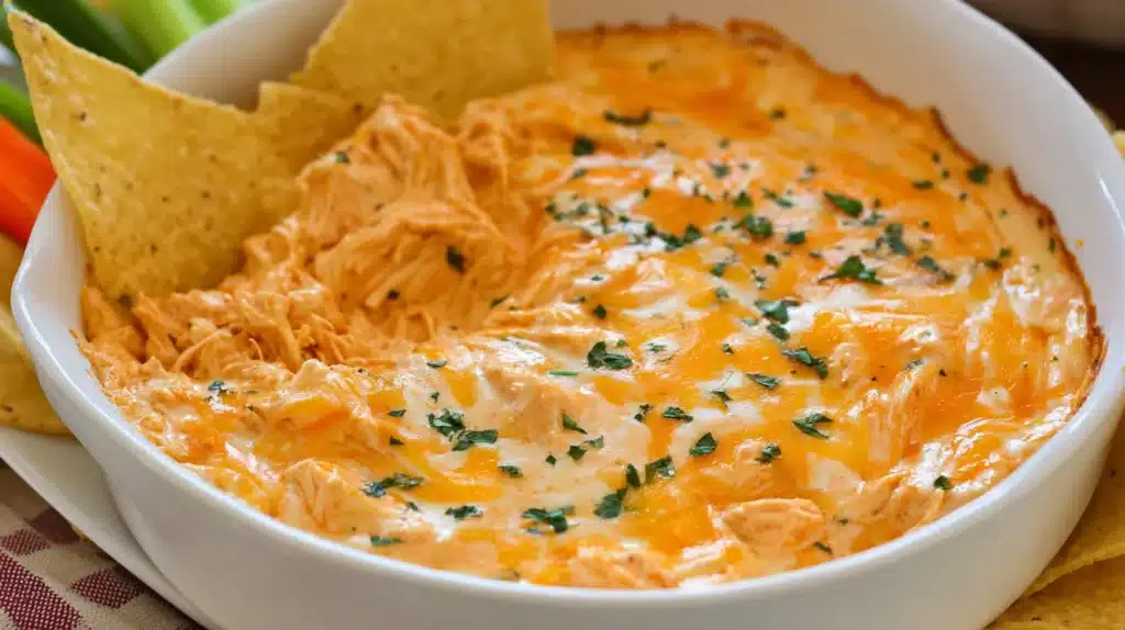 Buffalo chicken dip in a white dish topped with melted cheese and herbs with tortilla chips dipped inside.