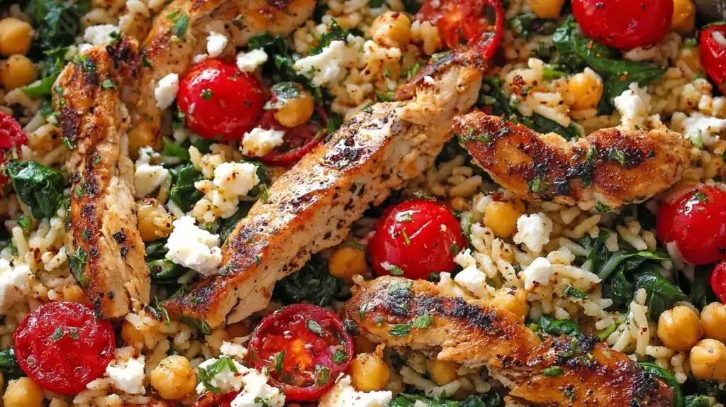 Close-up of Greek chicken with lemon rice mixed with tomatoes, chickpeas, spinach, and feta cheese.